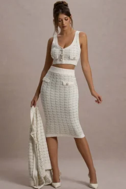 Stellina | Cream Boucle High-Waist Bodycon Midi Skirt