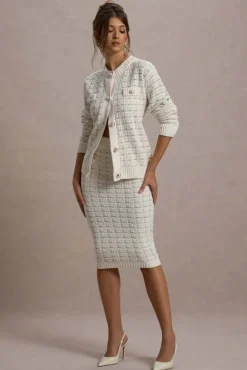 Stellina | Cream Boucle High-Waist Bodycon Midi Skirt