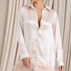 Step It Up | Ivory Satin Shirt Mini Dress With Feather Trim