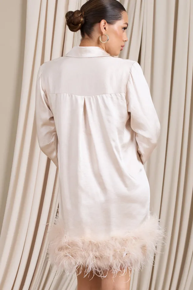 Step It Up | Ivory Satin Shirt Mini Dress With Feather Trim