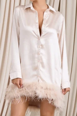 Step It Up | Ivory Satin Shirt Mini Dress With Feather Trim
