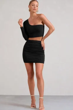 Step Out | Black Ruched Mini Skirt With Split