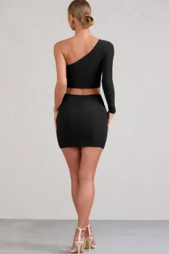 Step Out | Black Ruched Mini Skirt With Split