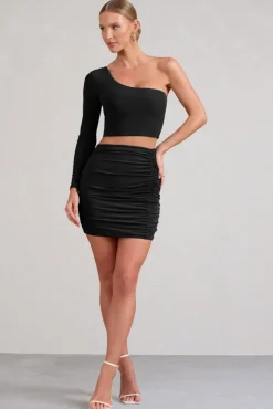 Step Out | Black Ruched Mini Skirt With Split