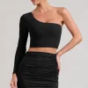 Step Up | Black Long Sleeve One Shoulder Crop Top