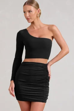 Step Up | Black Long Sleeve One Shoulder Crop Top