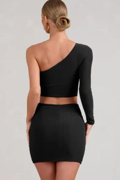 Step Up | Black Long Sleeve One Shoulder Crop Top