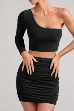 Step Up | Black Long Sleeve One Shoulder Crop Top