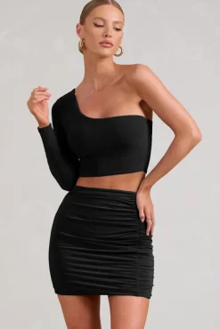 Step Up | Black Long Sleeve One Shoulder Crop Top