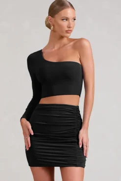 Step Up | Black Long Sleeve One Shoulder Crop Top