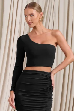 Step Up | Black Long Sleeve One Shoulder Crop Top