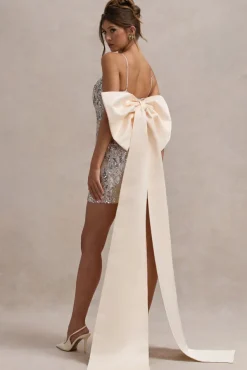 Sugar | Off-White Feathered Sequin Mini Dress With Satin Bow