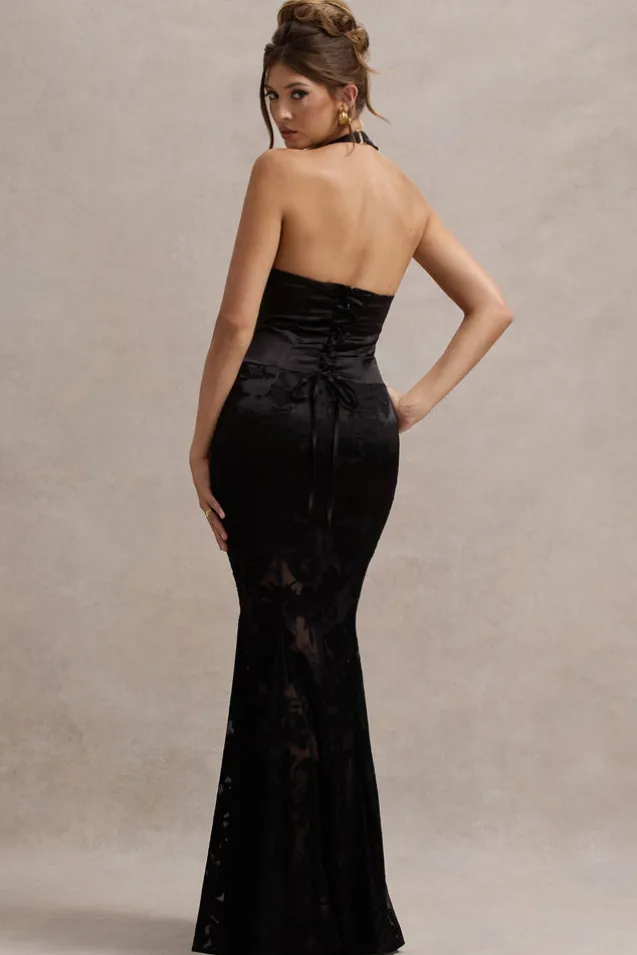 Sunset Tales | Black Satin Devore Plunge-Neck Fishtail Maxi Dress