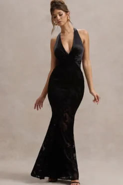 Sunset Tales | Black Satin Devore Plunge-Neck Fishtail Maxi Dress