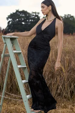 Sunset Tales | Black Satin Devore Plunge-Neck Fishtail Maxi Dress