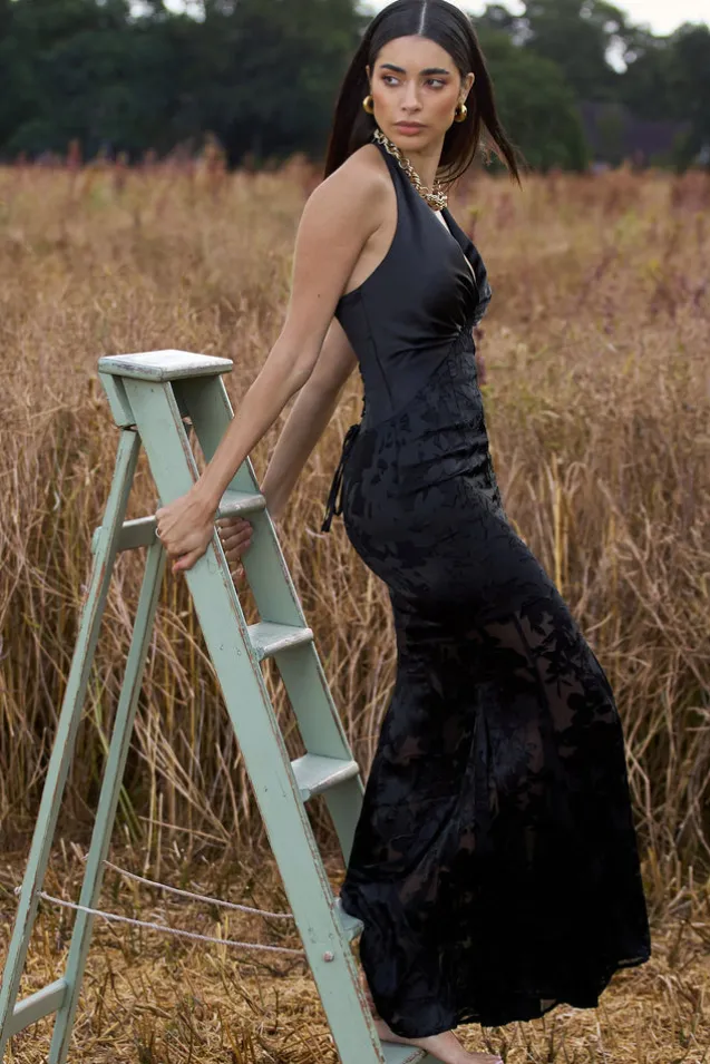 Sunset Tales | Black Satin Devore Plunge-Neck Fishtail Maxi Dress