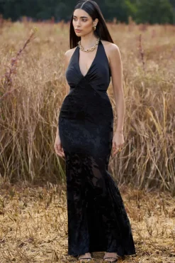 Sunset Tales | Black Satin Devore Plunge-Neck Fishtail Maxi Dress