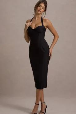 Supermodel | Black Halter-Neck Corset Midi Dress