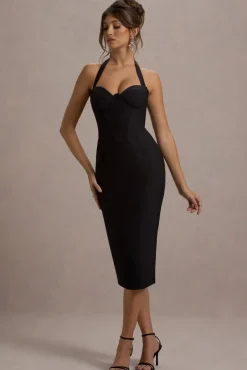 Supermodel | Black Halter-Neck Corset Midi Dress