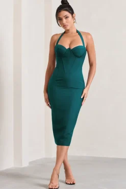 Supermodel | Bottle Green Halter-Neck Corset Midi Dress