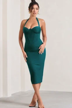 Supermodel | Bottle Green Halter-Neck Corset Midi Dress