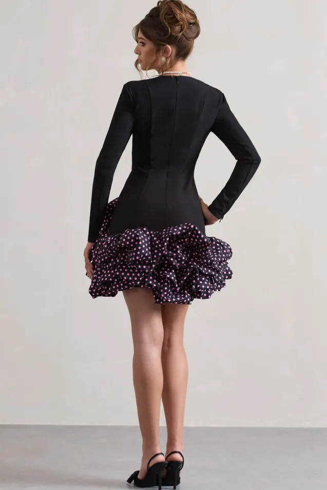 Surreal | Black Polka Dot Square-Neck Mini Dress With Ruffles