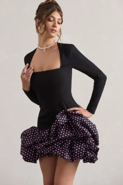 Surreal | Black Polka Dot Square-Neck Mini Dress With Ruffles