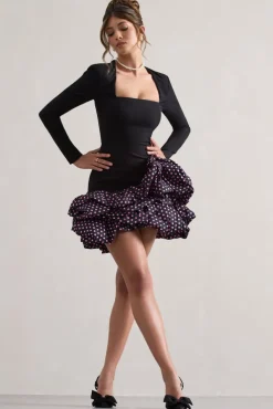 Surreal | Black Polka Dot Square-Neck Mini Dress With Ruffles