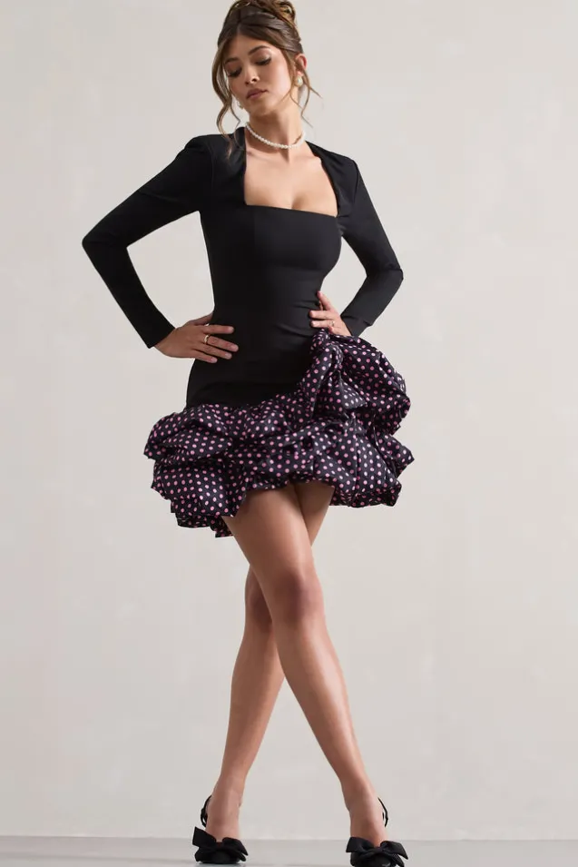 Surreal | Black Polka Dot Square-Neck Mini Dress With Ruffles