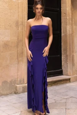 Susan | Purple Bandeau Maxi Dress With Ruffled Splits