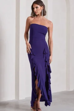 Susan | Purple Bandeau Maxi Dress With Ruffled Splits