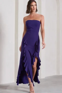 Susan | Purple Bandeau Maxi Dress With Ruffled Splits