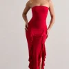 Susan | Red Bandeau Maxi Dress With Ruffled Splits