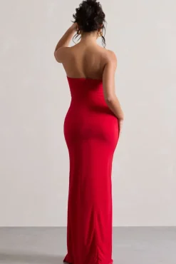 Susan | Red Bandeau Maxi Dress With Ruffled Splits