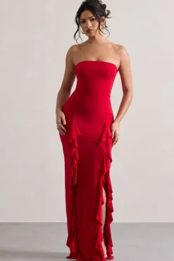 Susan | Red Bandeau Maxi Dress With Ruffled Splits