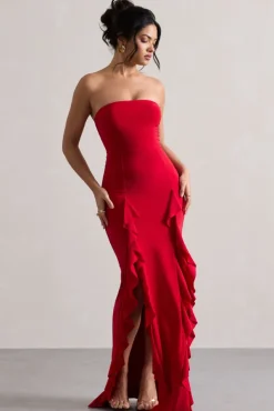 Susan | Red Bandeau Maxi Dress With Ruffled Splits