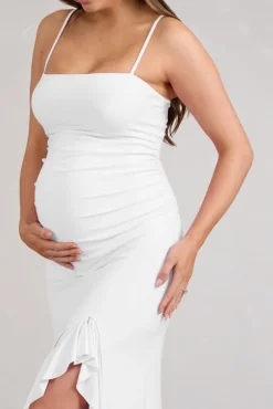 Susan | White Maternity Bandeau Ruffle Maxi Dress With Thigh Splits