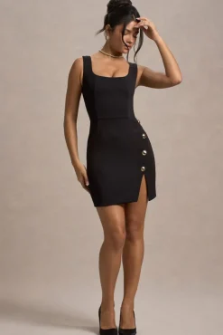 Suzanne | Black Scoop-Neck Mini Dress With Split Skirt