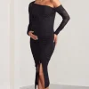 Sweet Dreams | Black Maternity Asymmetric Ruched Midi Dress