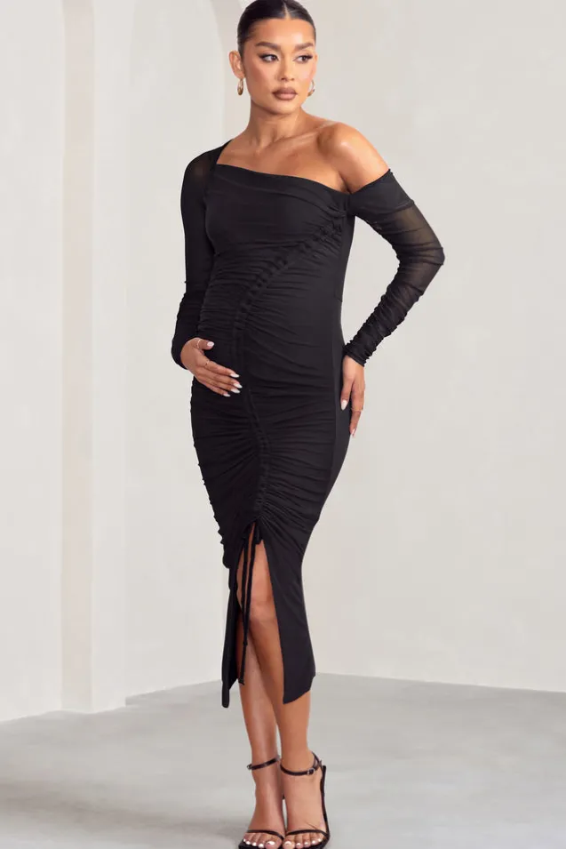 Sweet Dreams | Black Maternity Asymmetric Ruched Midi Dress