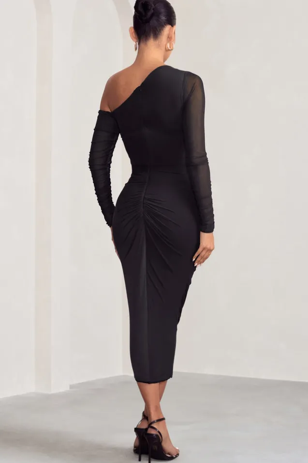 Sweet Dreams | Black Maternity Asymmetric Ruched Midi Dress