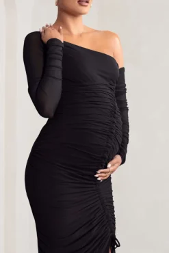 Sweet Dreams | Black Maternity Asymmetric Ruched Midi Dress