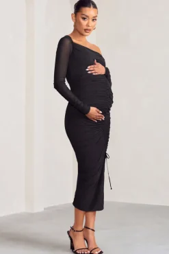 Sweet Dreams | Black Maternity Asymmetric Ruched Midi Dress