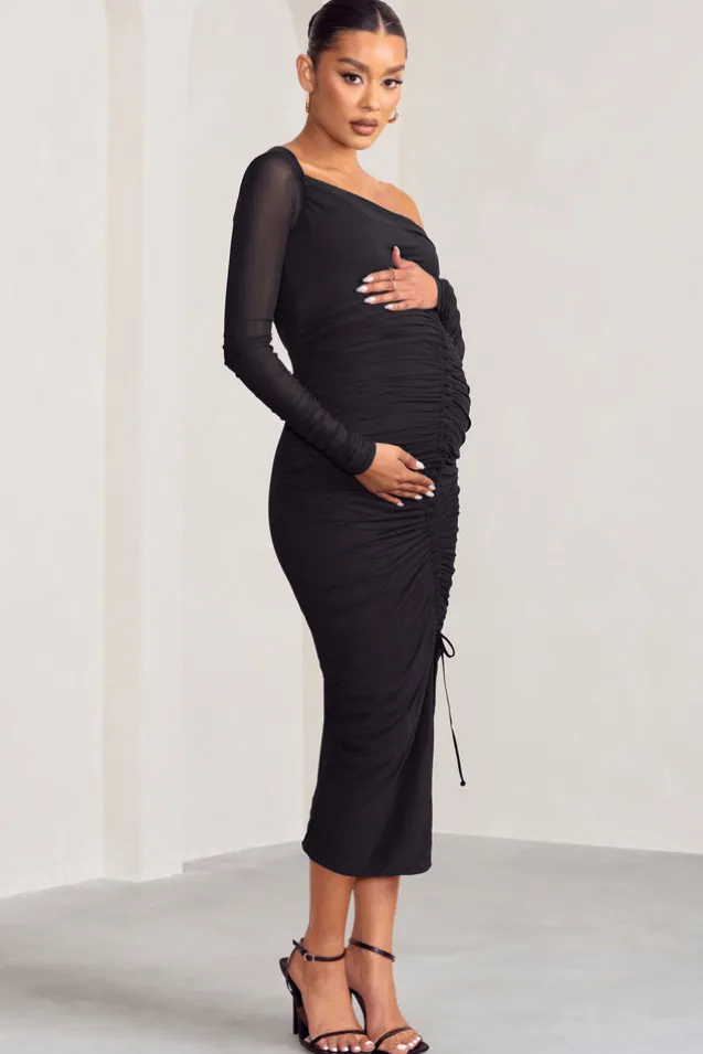 Sweet Dreams | Black Maternity Asymmetric Ruched Midi Dress