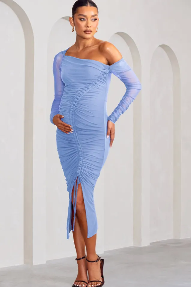 Sweet Dreams | Powder Blue Maternity Asymmetric Ruched Midi Dress