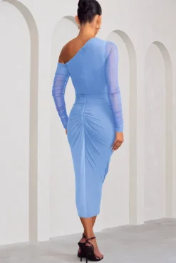 Sweet Dreams | Powder Blue Maternity Asymmetric Ruched Midi Dress