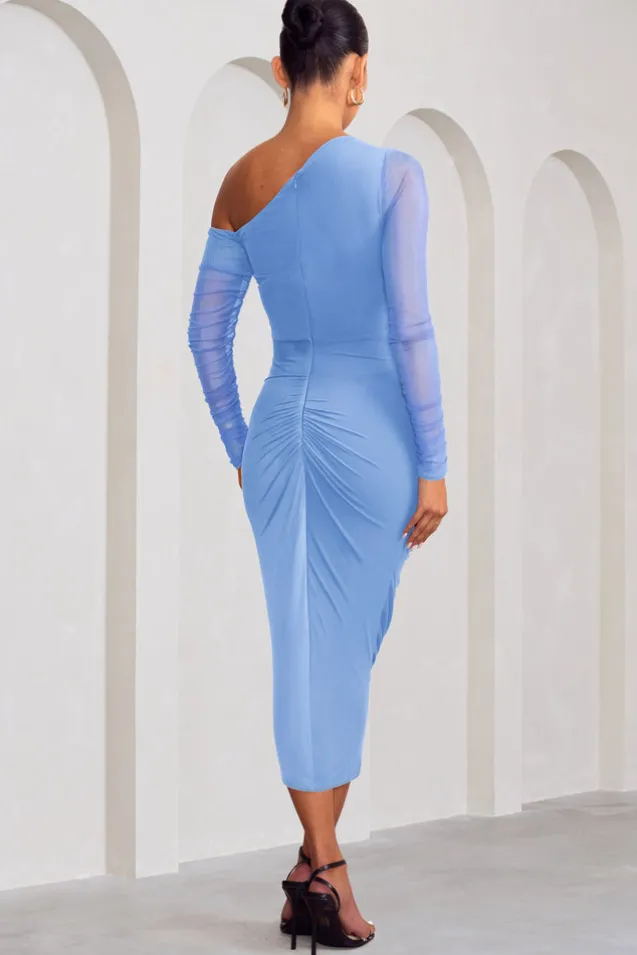 Sweet Dreams | Powder Blue Maternity Asymmetric Ruched Midi Dress