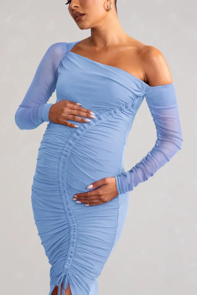 Sweet Dreams | Powder Blue Maternity Asymmetric Ruched Midi Dress