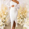 Sweet Dreams | White Maternity Asymmetric Ruched Midi Dress