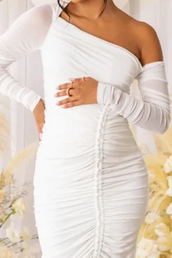 Sweet Dreams | White Maternity Asymmetric Ruched Midi Dress